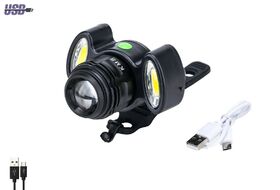Фара передняя, Алюминиевая, USB, встр. аккумулятор, 3 источника света, супер яркий свет, с меняющ. фокусом, + проблесковые маячки с диодной лентой, KMS, фирм. упак.