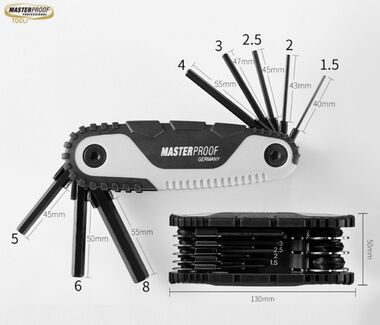 Набор инструментов Master PROOF, большой, складной, шестигранники 8 шт., с фиксатором положения, 130х50 мм (Германия), 68809 (УТ00021788)