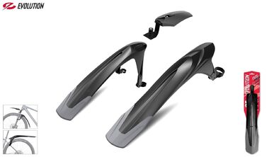 Комплект крыльев, 24"-29", MTB, переднее - двухсоставное на штаны и в шток вилки, заднее - на верхние перья рамы, для покрышек max. 2,5", MG-1200F/R, EVOLUTION (черный/серый, УТ00031262)