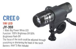 Фара передняя, Алюминиевая, JY-359, линзованная, 1 Вт, меняющийся фокус, 3 реж. раб., с креплением на руль