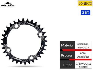 Звезда передняя ведущая, Round, Narrow Wide 104BCD, алюминиевая ALU-7005, 38T, MOTSUV, инд. упак. (черный) УТ00021670