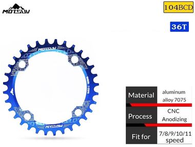 Звезда передняя ведущая, Round, Narrow Wide 104BCD, алюминиевая ALU-7005, 36T, MOTSUV, инд. упак. (синий) УТ00021751