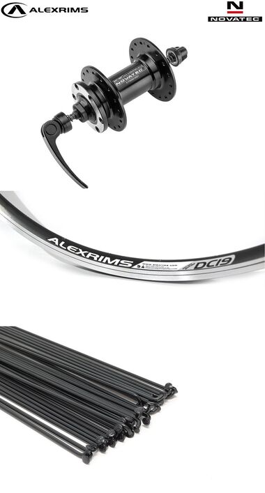 Колесо в сборе 26" переднее, алюминиевая втулка NOVATEC на промподшипниках, дисковая (6 винтов), эксцентрик, черные спицы, двустеночный обод ALEXRIMS DС-19 (УТ00023783)