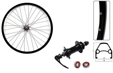 Колесо в сборе 26" переднее, алюминиевая втулка на промподшипниках 36 отв. дисковая (накручивающийся ротор) 3/8" (гайка), пистонированный двустеночный обод (УТ00020309)