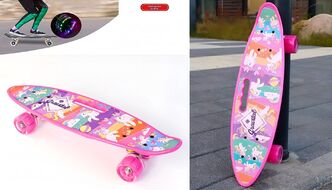 Скейтборд (пенниборд) PWS 23" Print "Gravital Unicorns", с ручкой, LED светящиеся колеса, подвеска - Alu, ABEC-7 (розовый) УТ00021580