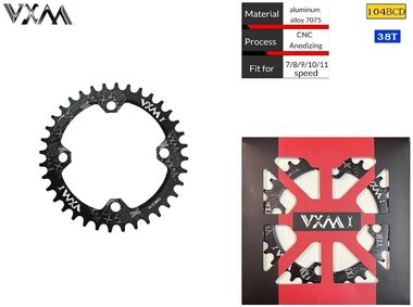 Звезда передняя ведущая, Round, Narrow Wide 104BCD, алюминиевая ALU-7005, 38T, VXM, инд. упак. (черный, УТ00022278)