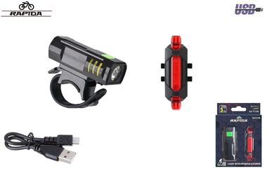 Фонари (комплект (LED передн.+задн.) QX-Q11/DC-918, P40 1/5 LED, USB кабель, с аккум. 600 mAh, 3.7V, QX-T1198 (УТ00028312)