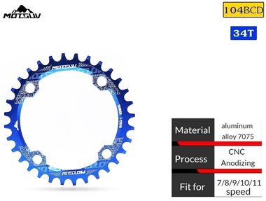 Звезда передняя ведущая, Round, Narrow Wide 104BCD, алюминиевая ALU-7005, 34T, MOTSUV, инд. упак. (синий) УТ00021750