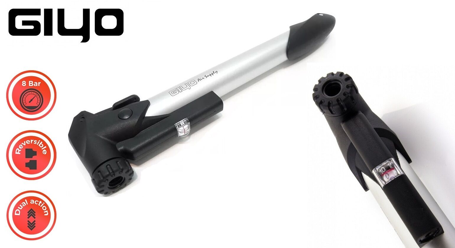 Насос компактный (ручной) GIYO GP-91 с манометром, алюминиевый, телескопический, Т-образная ручка, 120 PSI (GP-91)