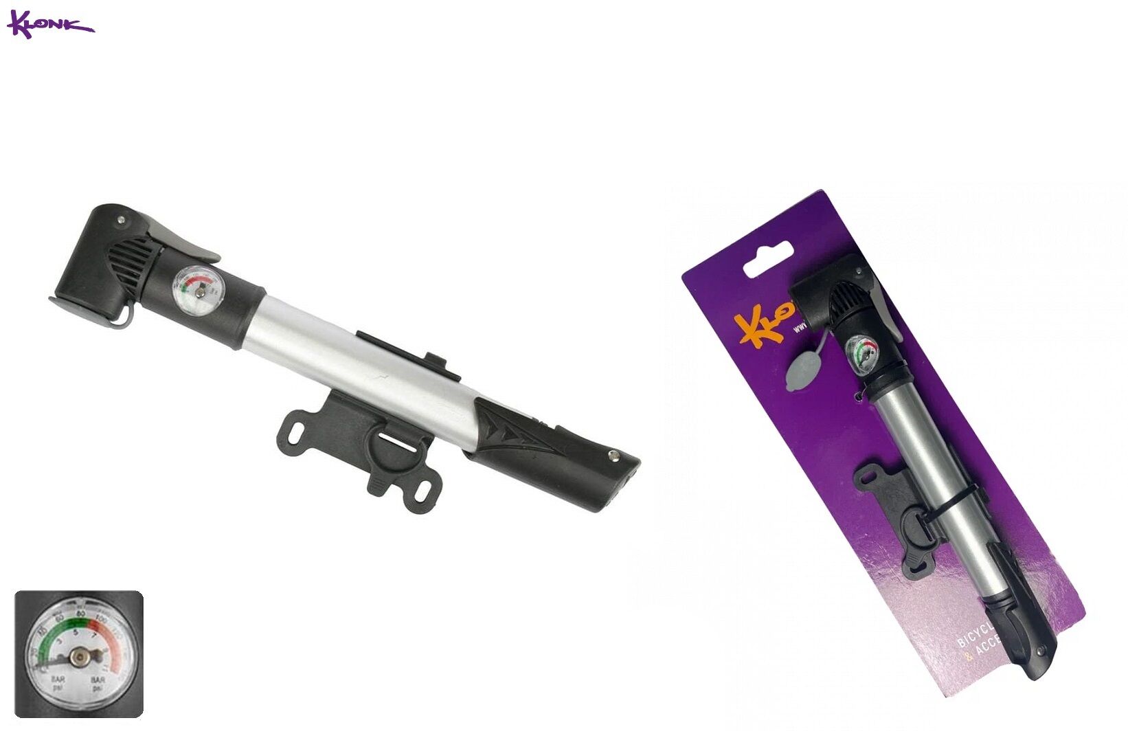 Насос компактный (ручной) KLONK, алюминиевый, телескопический, универсальный AV/PV/DV, с манометром, 27х275 мм, блистер, 10714 (УТ00023702)