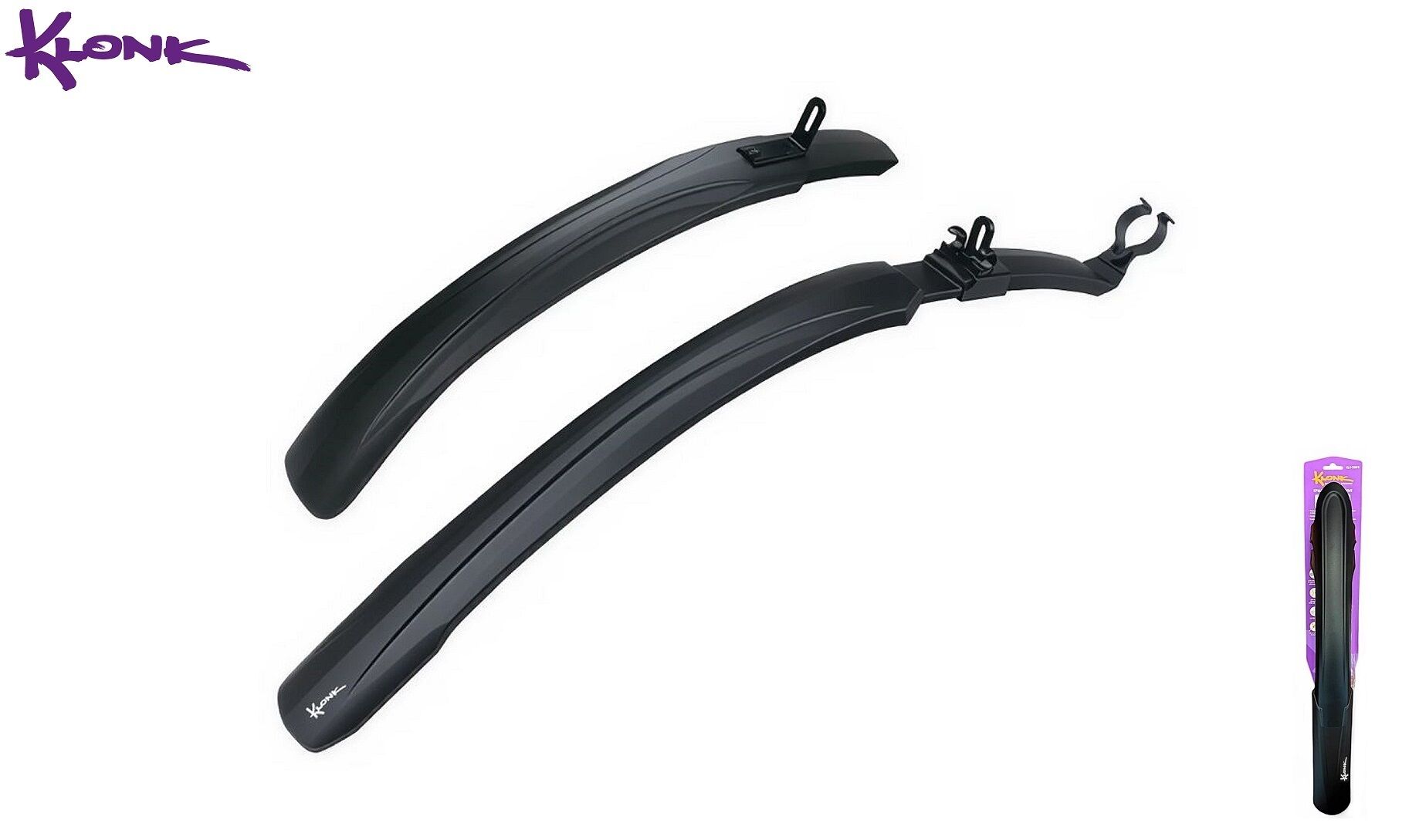KLONK Комплект крыльев, 26"-29", MTB, переднее - на гориллу вилки, заднее - на подседельную трубу и раму, удлиненные (580/710 мм), шир. 73мм, Black, KLK-830FR