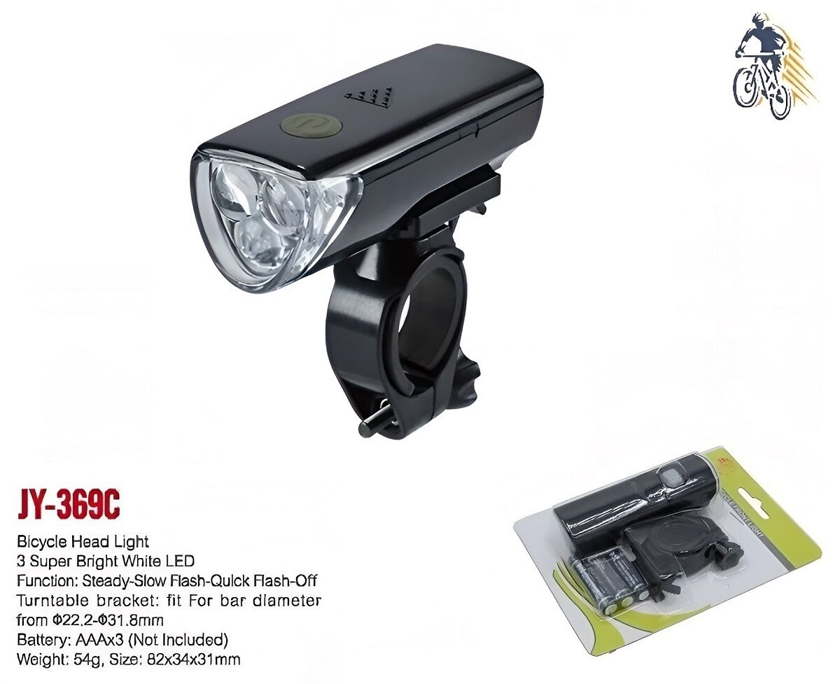 Фара передняя, 3 Super Bright White LED, 3 режима работы, блистер, JY-369C Black (черный, RNVJY369C0001)