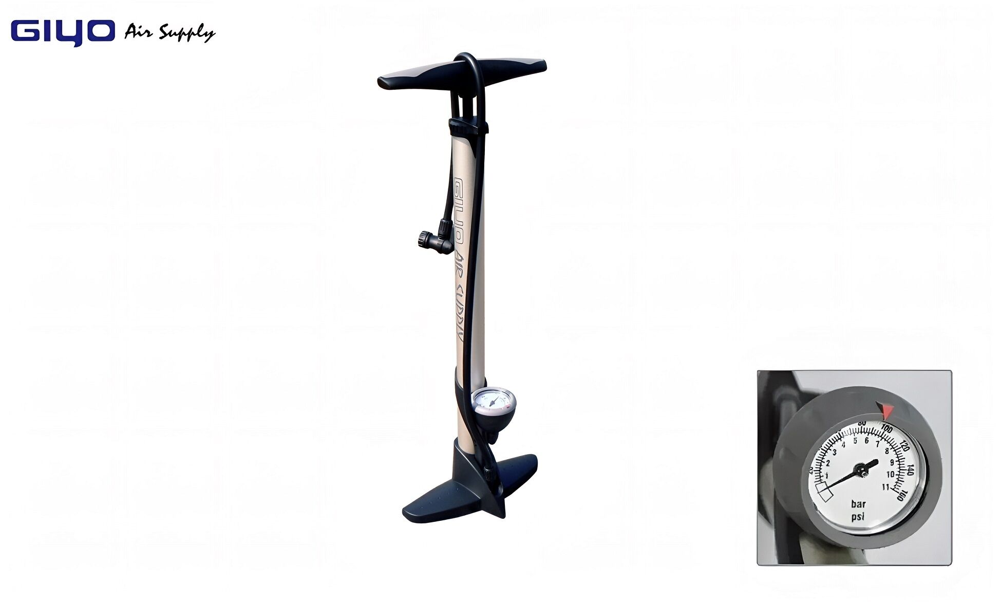 Насос Giyo, GF-33P, напольный, универсальный, алюминиевый, 610 мм, AV/FV, с манометром, 160 psi/11 bar (GF-33P)
