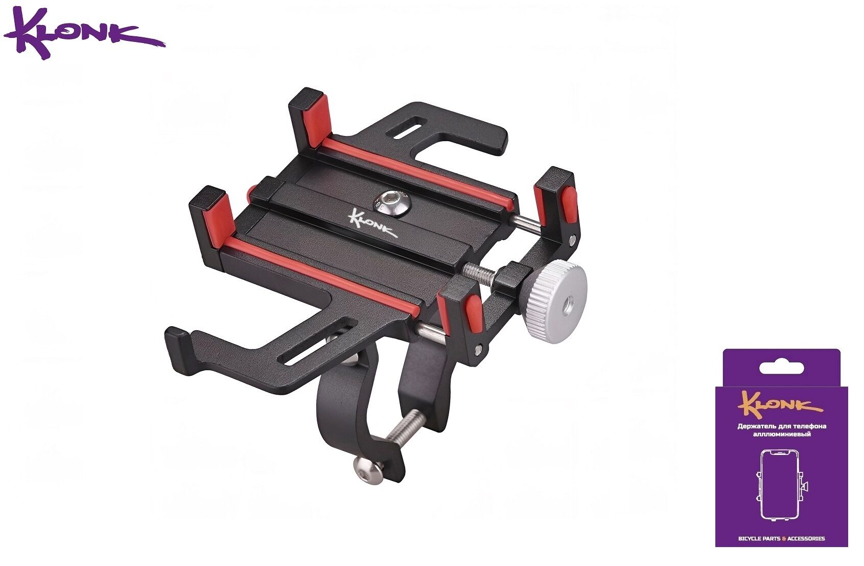 Держатель для смартфона, 4.0"-8.0", алюминиевый, крепление на руль, KLONK, Black/Red, KLK-90008