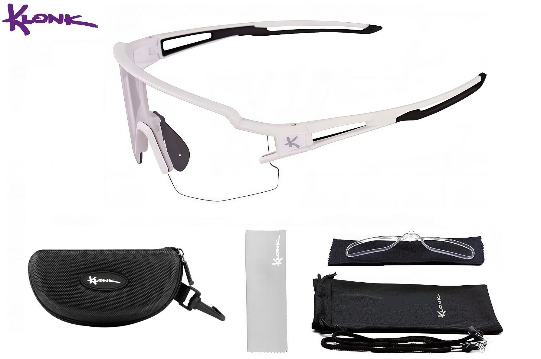 Очки спортивные "KLONK" Photochromic (фотохромные, поляризационные сменные линзы, антиблик, диоптрическая вставка), EVA чехол, White/Black, KLK-16009