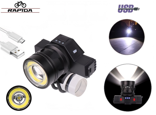 Фара передняя RAPIDA, T6+COB LED, алюминиевый корпус, USB кабель, аккумулятор, настраиваемый ZOOM, 5 режимов работы, BST-001 (УТ00025855)