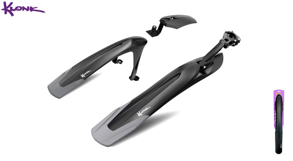 KLONK Комплект крыльев, 24"-29", MTB, переднее - двухсоставное на штаны и в шток вилки, заднее - на подседельный штырь, для покрышек max. 2,5", Black/Grey, KLK-1100FR