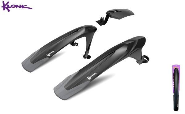 KLONK Комплект крыльев, 24"-29", MTB, переднее - двухсоставное на штаны и в шток вилки, заднее - на верхние перья рамы, для покрышек max. 2,5", Black/Grey, KLK-1200FR