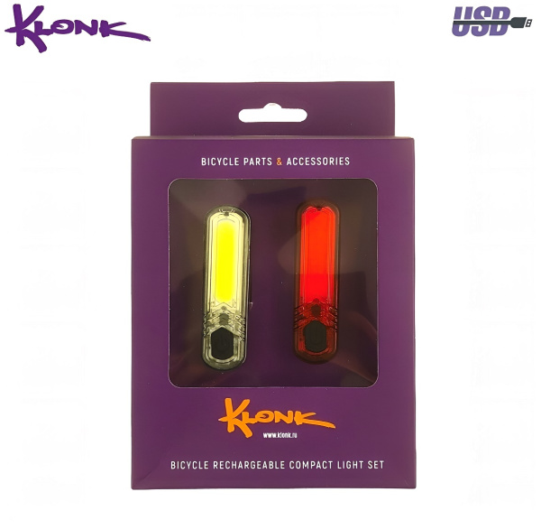 Фонари (комплект: LED передн.+задн.), IPX4, micro USB, LiPo 3,7 V/ 330 mAh, KLONK, 11952 (УТ00028196)