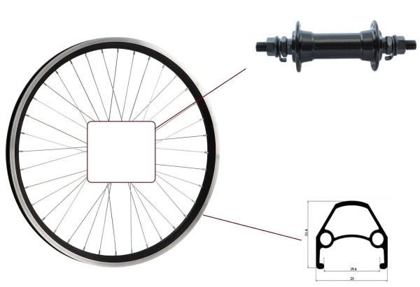 Колесо в сборе 24" переднее, втулка SF-HB03FR (BL), V-Brake, 3/8" (гайка), двустеночный алюминиевый фрезерованный обод (УТ00033012)