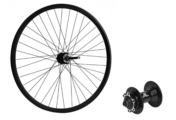Колесо в сборе 26" переднее, алюминиевая втулка JOYTECH D761DSE, Дисковая (6 винтов), эксцентрик, двустеночный обод DH-18 RAINBOW DW (HQ0015462)