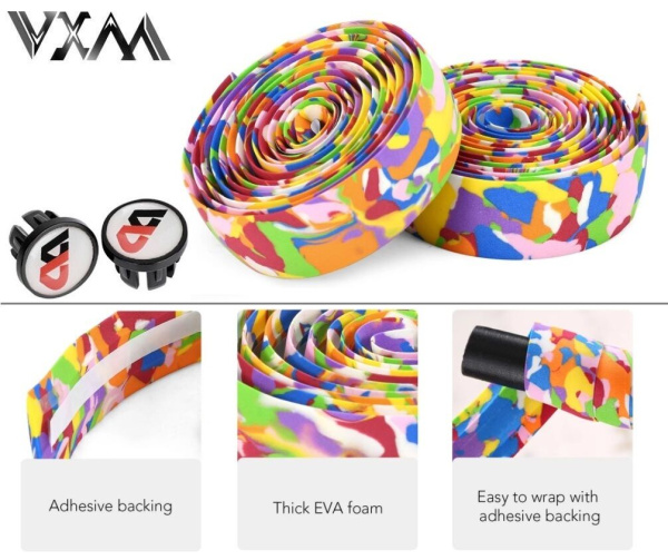 Обмотка на руль Silicone/EVA с клеевой основой, 30х2150х3 мм, к-кт 2 шт. (пара), с торцевыми заглушками, инд. упак., VXM (мультиколор)