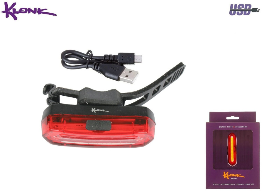 Фонарь задний KLONK аккумуляторный, 600 mAh, LiPo 3,7 V, USB кабель, IPX4 влагозащищенный корпус, блистер, 11931 (УТ00031195)