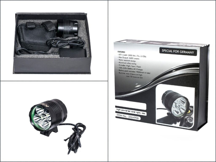 Фара передняя, Алюминиевая, 5600 люмен,  5 CREE LED, с аккумулятором 8.4V, 9000mah, в чехле из влагоотталкивающего материала, с зарядкой, 3 режима работы,  с креплением на руль, инд. упак. (FWD3264906)