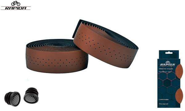 Обмотка на руль, PU-leather, перфорированные, к-кт 2 шт. (пара), с клеевой основой, 30х2000 мм, с барендами, RP-T99, RAPIDA (цвет коричневый, УТ00032370)