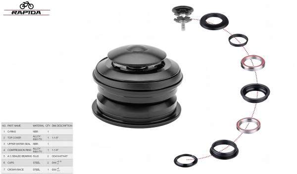 Рулевая колонка QLP-ST-T1, полуинтегрированная, безрезьбовая, 1-1/8", ZS 44/30, промподшипники 41.0мм 45°x45°, с якорем, выс.11.5 мм, ST-T1, RAPIDA (черный, УТ00030249)