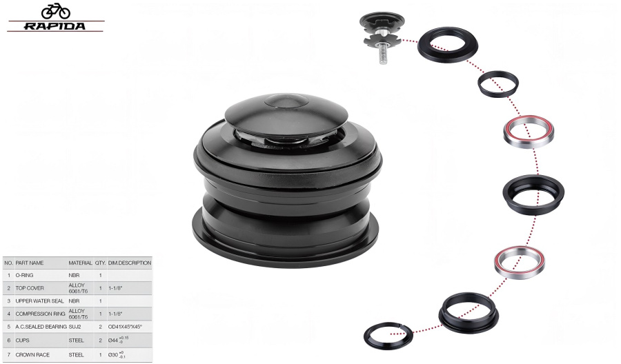 Рулевая колонка QLP-ST-T1, полуинтегрированная, безрезьбовая, 1-1/8", ZS 44/30, промподшипники 41.0мм 45°x45°, с якорем, выс.11.5 мм, ST-T1, RAPIDA (черный, УТ00030249)