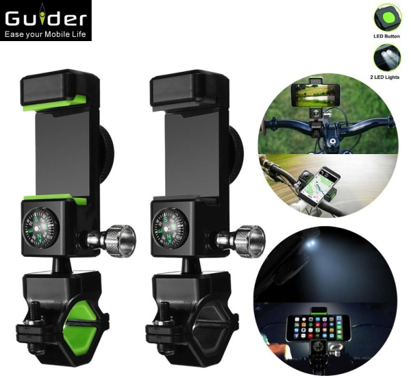 Держатель для смартфона, 3.5"-6.5", на руль, с фонарем 2 LED, встроенный компас, 360°, GUDER (GUDERQ003LED)