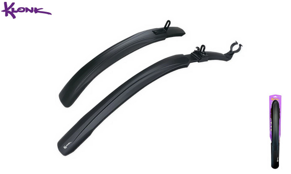 KLONK Комплект крыльев, 26"-29", MTB, переднее - на гориллу вилки, заднее - на подседельную трубу и раму, удлиненные (580/710 мм), шир. 73мм, Black, KLK-830FR