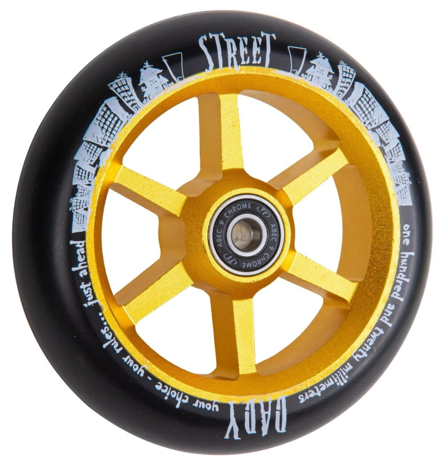 Колесо для трюкового самоката 120 мм, алюминиевое, STREET DADY, 30 мм, подшипники ABEC 9, Black/Gold (NN000560)