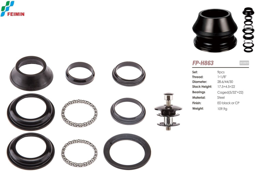 Рулевая колонка FEIMIN FP-H863, полуинтегрированная, безрезьбовая, комплект (размер: 1 1/8"x28,6/44x30 мм), подшипники 5/32"x22, с якорем (УТ00023970)