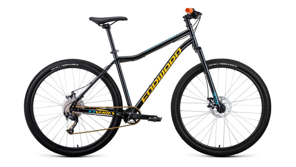 Велосипед FORWARD SPORTING 29 X D (29" 9 ск. рост. 17") 2022, черный/золотой, RBK22FW29966