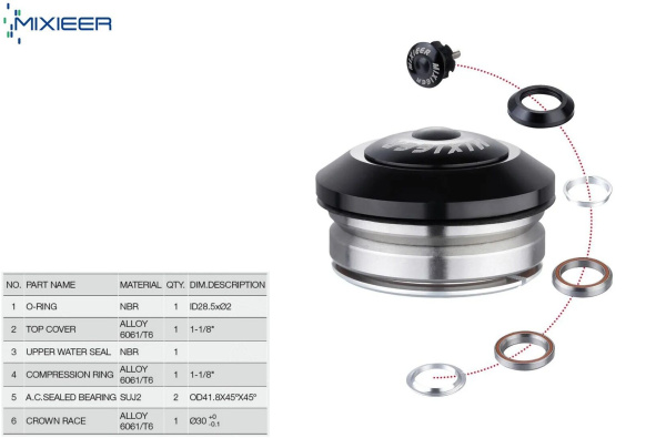Рулевая колонка QLP-40A, 1-1/8"-1,5", интегрированная, безрезьбовая, IS 41,8/28,6  IS 41,8/30, промподшипники 41.8 x 45°x 45°, с якорем, высота 11,5 мм (черный, QLP-40A)