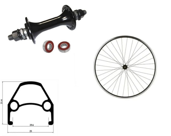 Колесо в сборе 26" переднее, втулка WSM-26FV-SHF, на промподшипниках, V-Brake, 3/8" (гайка), двустеночный усиленный обод (WSM-26FV-SHF)