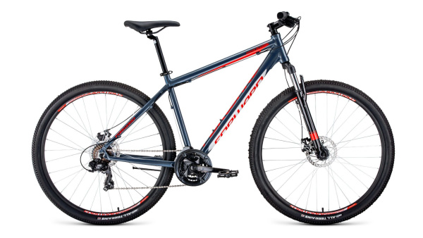Велосипед FORWARD APACHE 29 2.0 disc (29" 21 ск. рост 17") 2019-2020, серый/красный, RBKW0M69Q019