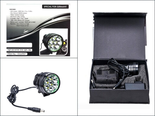 Фара передняя, алюминиевая, 8200 люмен,  5 CREE LED, с аккумулятором 8.4V, 9000mah, в чехле из влагоотталкивающего материала, с зарядкой, 3 режима работы,  с креплением на руль, инд. упак. (FWD3264907)