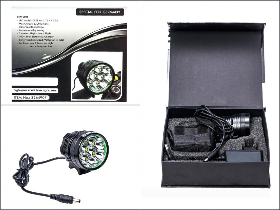 Фара передняя, алюминиевая, 8200 люмен,  5 CREE LED, с аккумулятором 8.4V, 9000mah, в чехле из влагоотталкивающего материала, с зарядкой, 3 режима работы,  с креплением на руль, инд. упак. (FWD3264907)