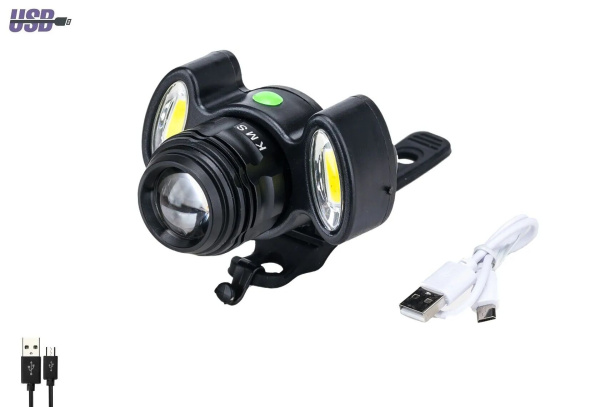 Фара передняя, Алюминиевая, USB, встр. аккумулятор, 3 источника света, супер яркий свет, с меняющ. фокусом, + проблесковые маячки с диодной лентой, KMS, фирм. упак. (черный, FW3265235)