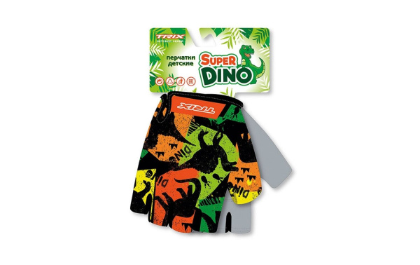 Велоперчатки детские "SUPER DINO", короткие пальцы, гелевые вставки, дышащая лайкра/искусств. замша, антискользящие, размер "5XS" (УТ00028773)