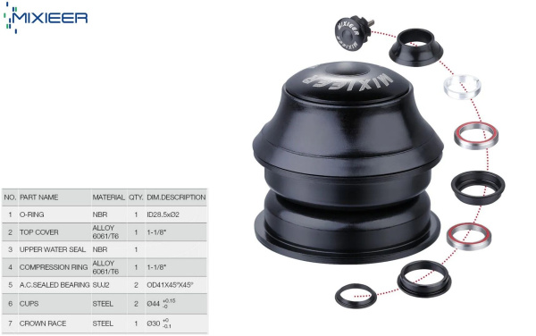 Рулевая колонка QLP-22T, полуинтегрированная, безрезьбовая, 1-1/8"-1,5", ZS 44/28,6  ZS 44/30, промподшипники OD41x45°x45°, с якорем, высота 21 мм (черный, QLP-22T)