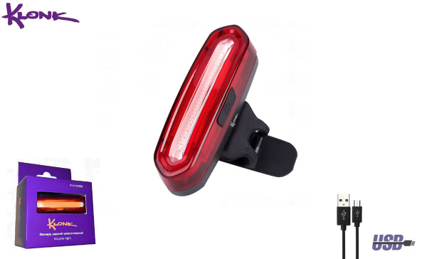 Фонарь задний KLONK LED, аккумулятор 600 mAh, LiPo 3,7 V, USB кабель, влагозащищенный IPX4, 6 режимов работы, ABS, KLK-22005