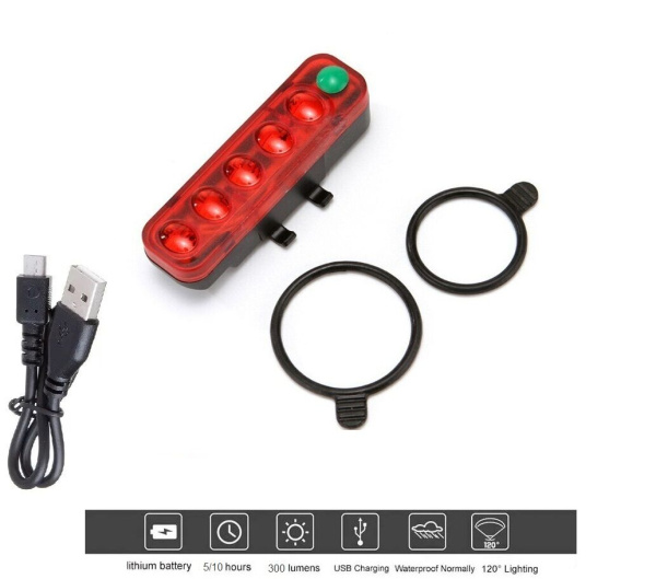 Фонарь задний QX-W05, аккумуляторный, USB кабель, 5 LED, 300 Lumens, 3 реж. работы, влагозащищенный корпус, блистер, QIXUN (УТ00021824)
