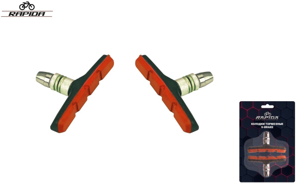 Тормозные колодки 70 мм (пара) V-Brake, RPD-124, двухкомпонентные, RAPIDA, блистер (красный/черный, УТ00031887)