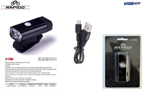 Фара передняя RAPIDO, 2 Super Cree XPG LED, алюминиевая, 5 Watt, USB кабель, аккумулятор 3.7V/1050 mAh, 400 lumens, IPX4 Waterproof, 8 режимов работы, JY-7066, RAPIDO (УТ00025854)