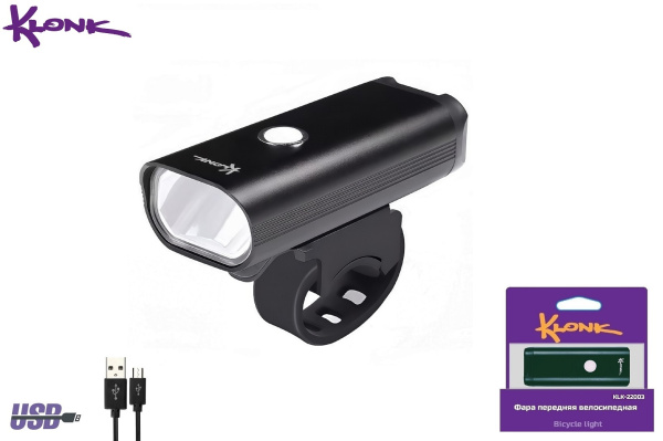 Фара передняя KLONK, 1 LED XPG, Алюминиевый корпус, влагозащищенная IPX4, 3 режима работы, USB кабель, аккумулятор Li-ion, KLK-22003