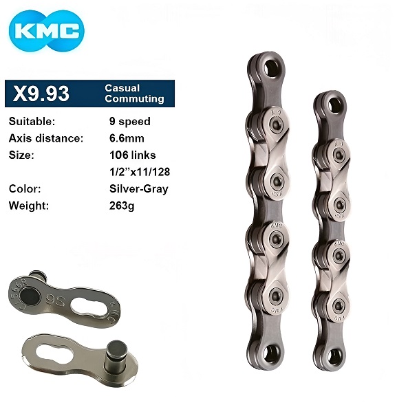 Цепь KMC, ( X-9) 9 скор. (106 звеньев) silver, 1/2''x 11/128'', с замком CL-566R, OEM (1CN210600024)